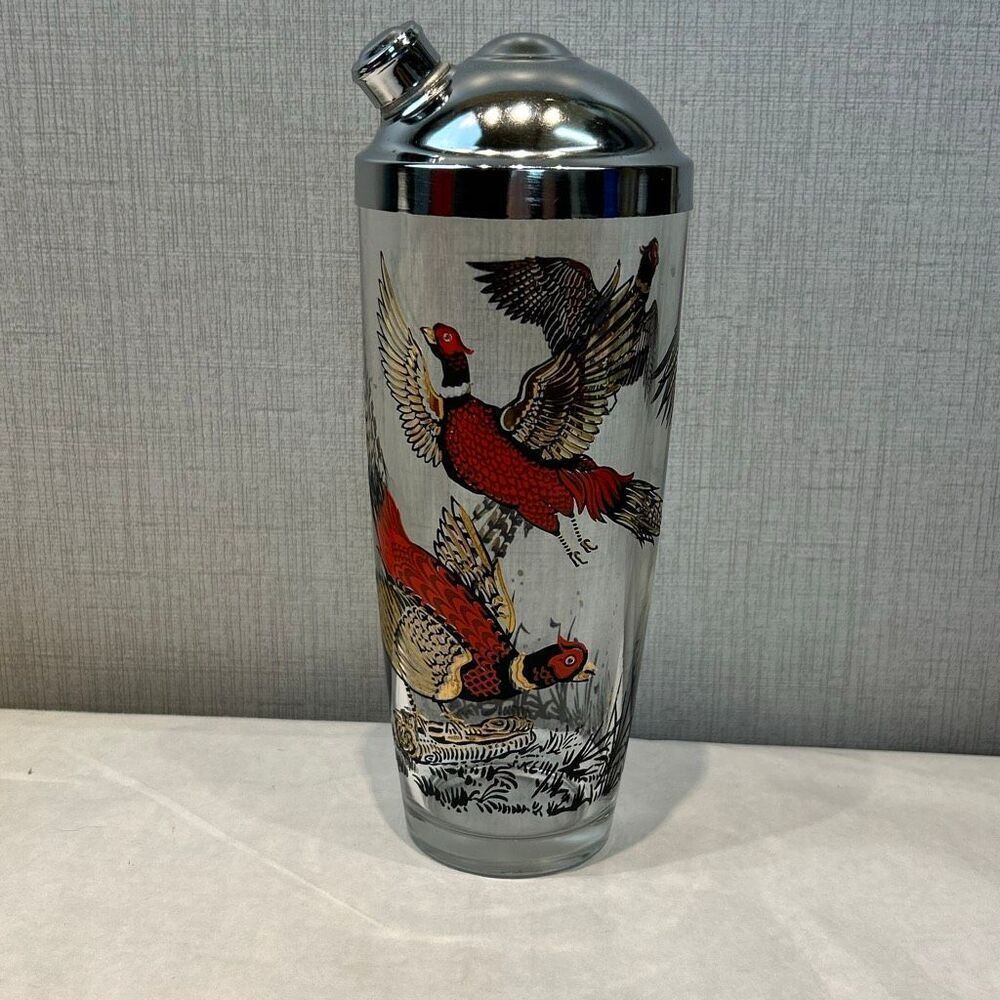 Vtg Hazel Atlas MCM Cocktail Shaker Pheasants Birds Glass 1950s Barware Metal Li